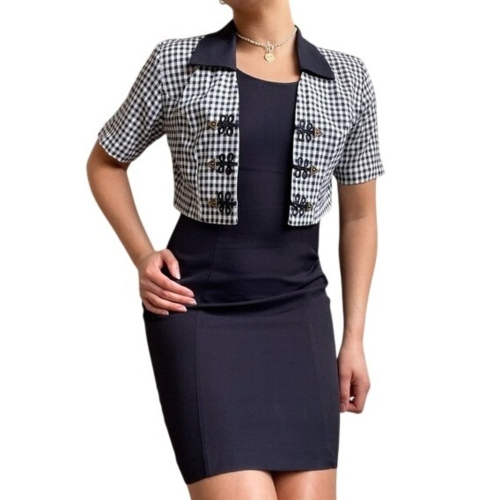 Vintage 80s 60s Mod Blue Gingham Frog Button Jacket Set Mini Dress